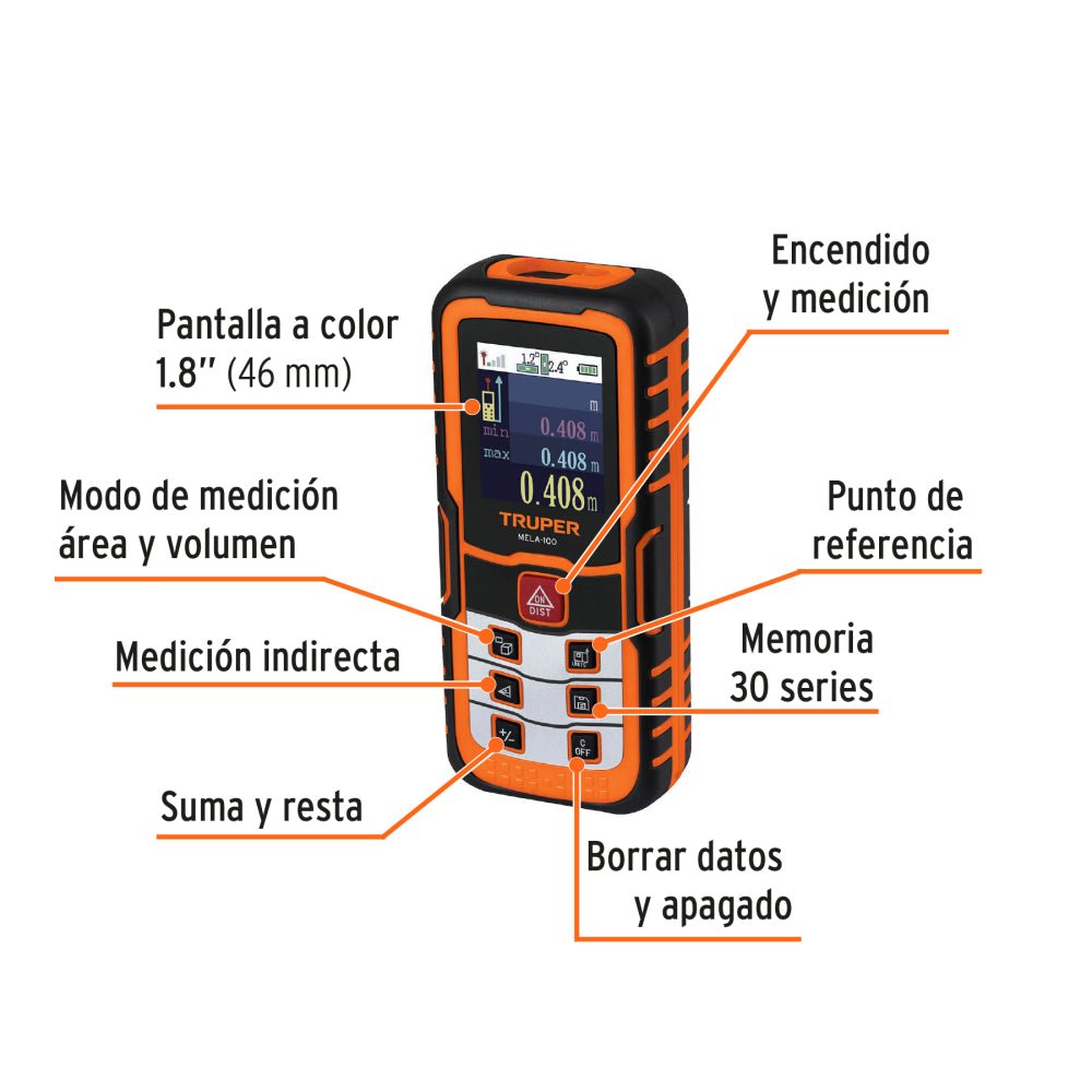 Medidor láser de distancia de 0.05 m a 100 m, TRUPER - Grupo PRAME