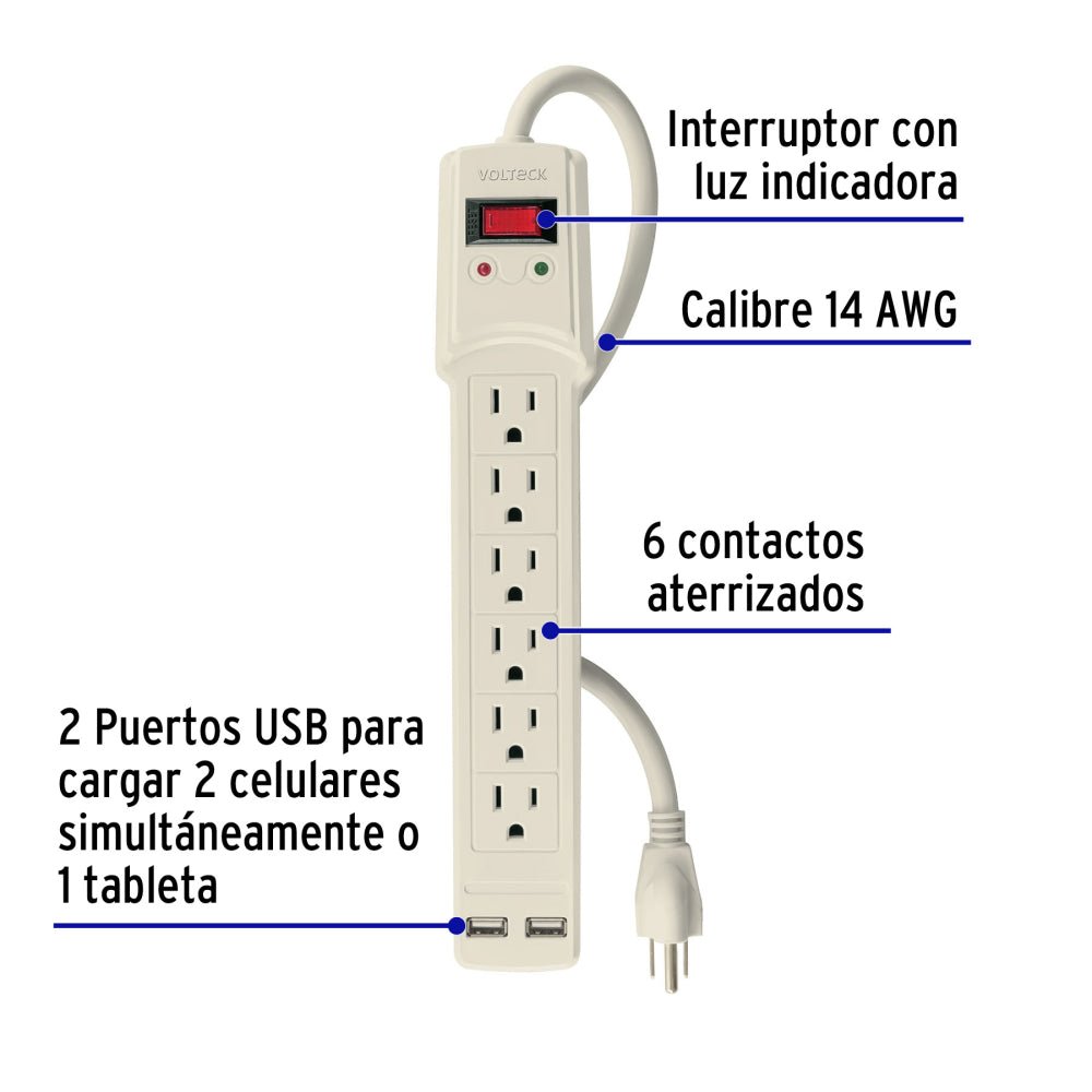 Multicontacto 14 AWG 6 entradas, 2 puertos USB, 850 J marfil - Grupo PRAME