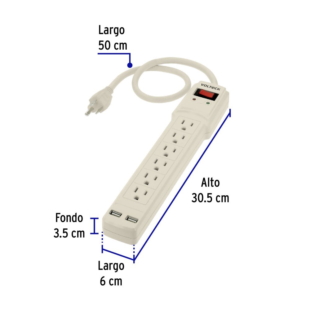 Multicontacto 14 AWG 6 entradas, 2 puertos USB, 850 J marfil - Grupo PRAME