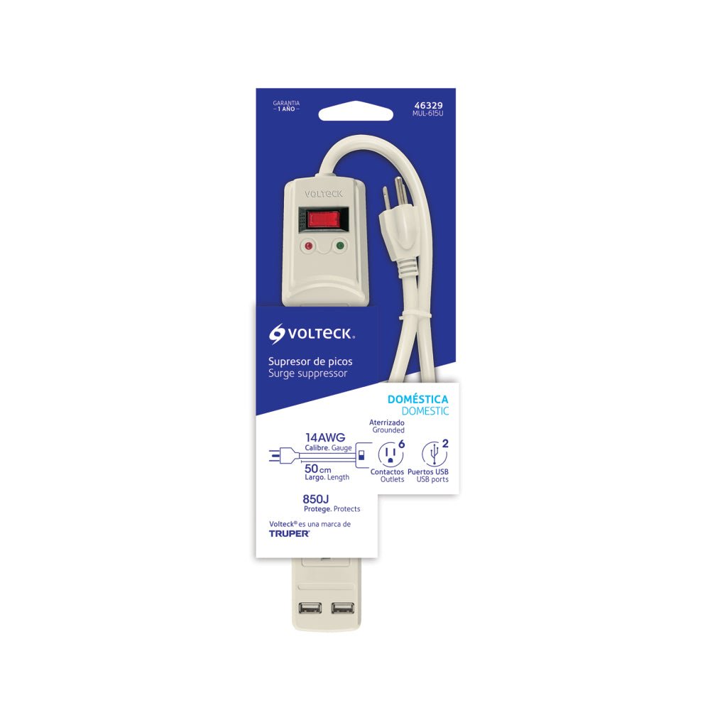 Multicontacto 14 AWG 6 entradas, 2 puertos USB, 850 J marfil - Grupo PRAME