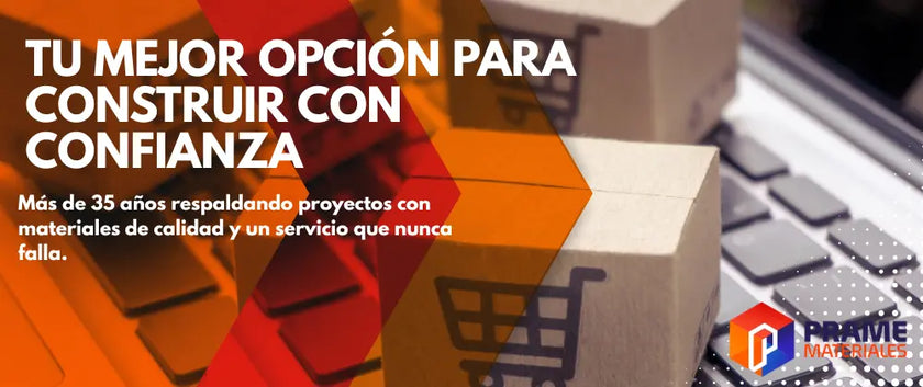 Banner Grupo PRAME. Tu mejor opción para construir confianza. Cajas de envíos y un fono naranja con rojo.